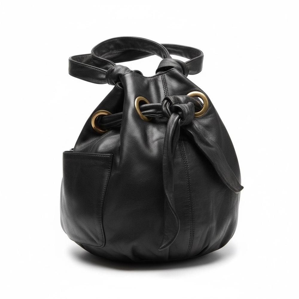 Kooba Black Leather Drawstring Bucket/Hobo Bag- Gold Hardware + Dust Bag